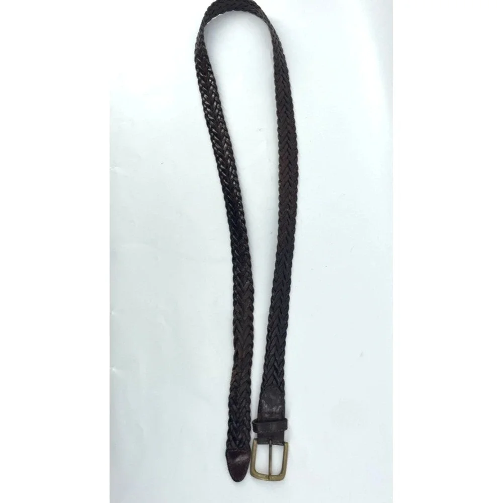 Vtg Braided Genuine Leather Belt XL 42-44 Brown Woven Brass Buckle‎ Boho Skinny